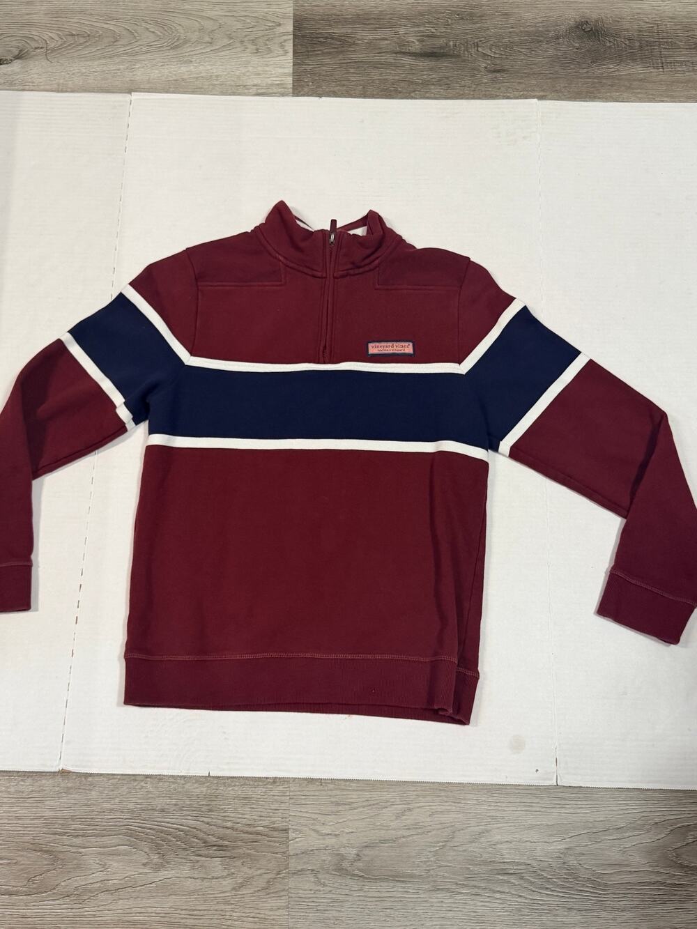 Vineyard Vines Boys L The Shep Shirt 1/4 Zip Pullover Burgundy Navy Cotton